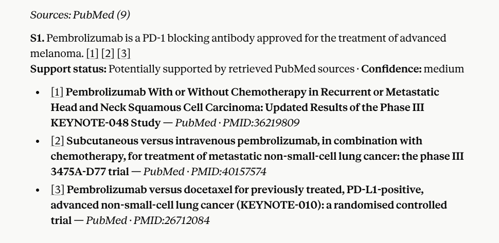 VarsaAI sentence-level referencing showing PubMed sources cited inline for each claim